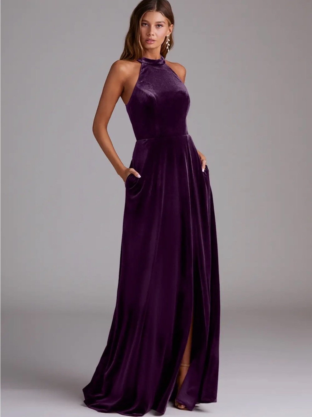Azazie Velvet Halter Maxi‎ Dress in Deep Plum